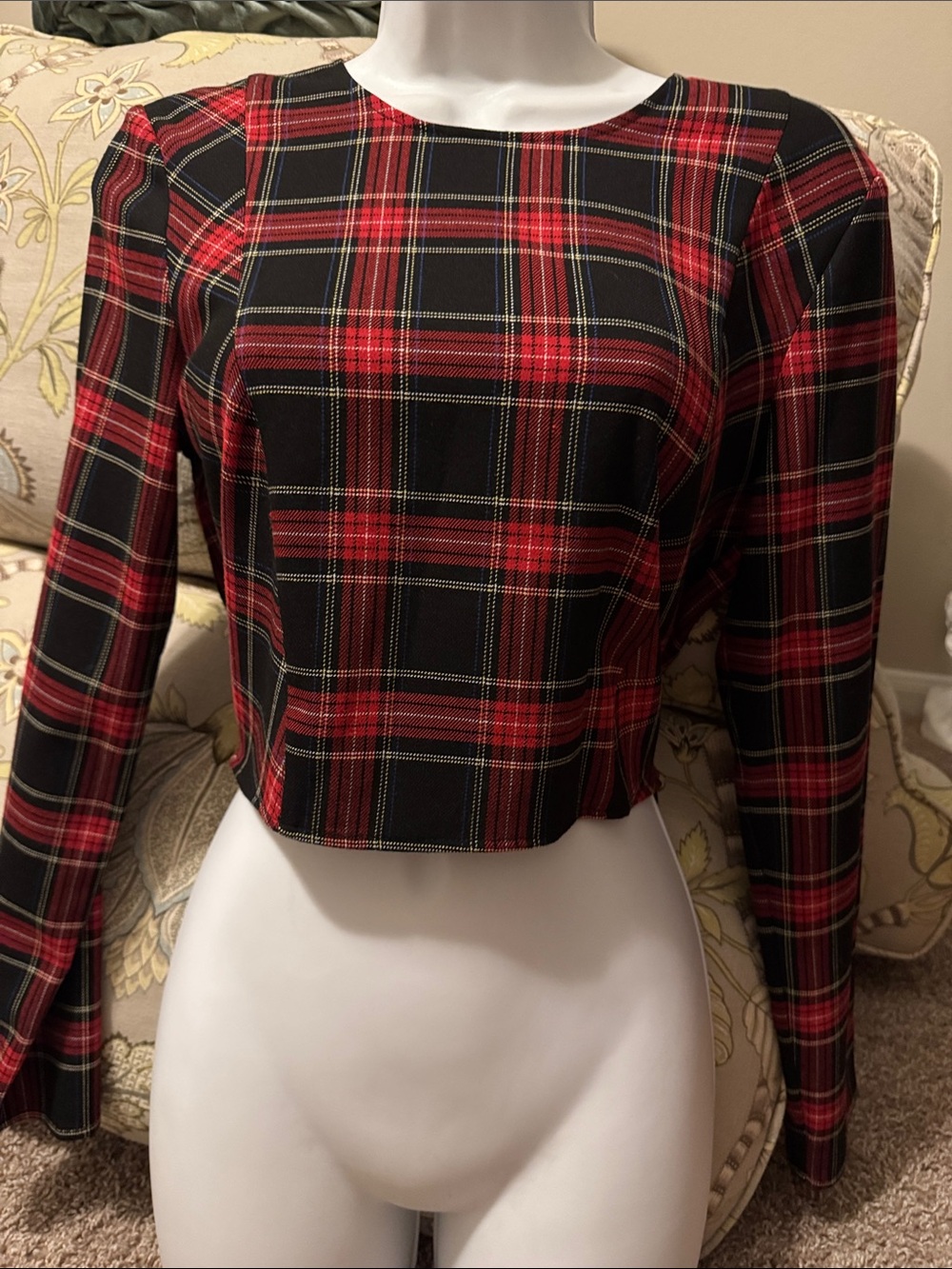 Red Plaid Long-Sleeve Crop Top - Women